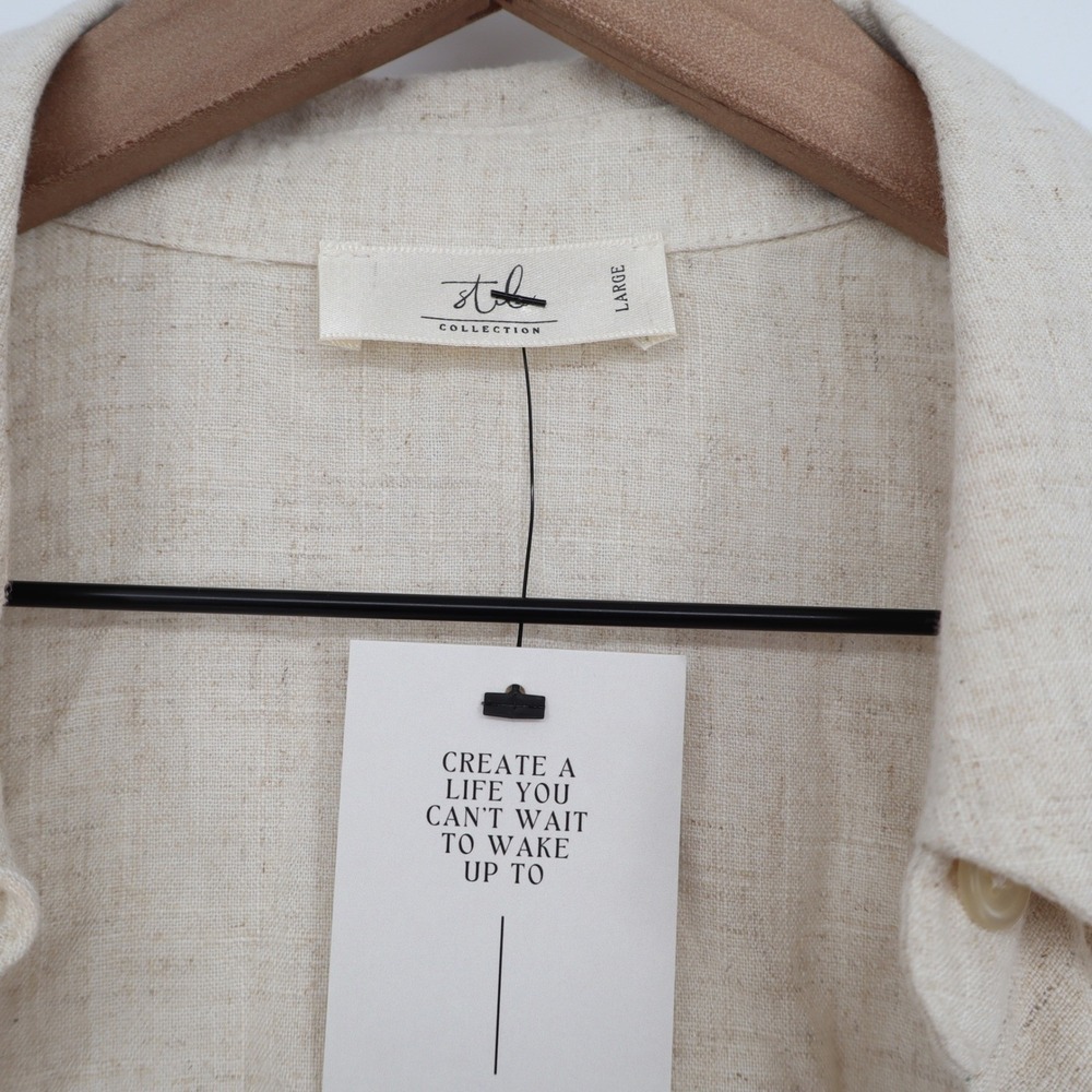STIL Collection Oatmeal Cotton Linen Cropped Button Down Shirt Large - Picture 3 of 6